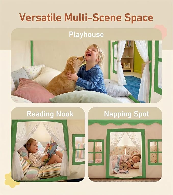 Little Dove Kids Play Tent with Mat, Star Lights, Tassel Garland, Toddler Playhouse with Windows Easy to Wash, Indoor and Outdoor Play Tents for Kids, Toys for Girls, Boys, Birthday Gift, Green