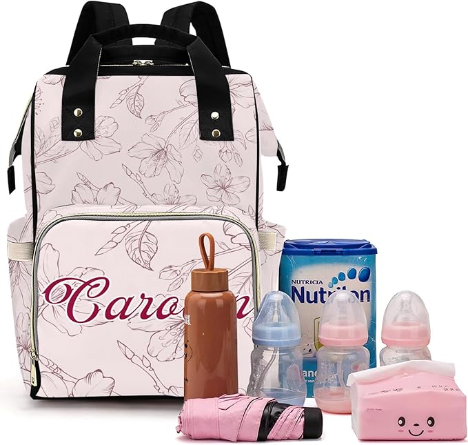 Custom Diaper Bag with Name Personalized Multifunctional Mommy Backpack for Shoulders Outdoor Backpack for Newborn Baby Thermal Pockets Nursing Bags （Flower）