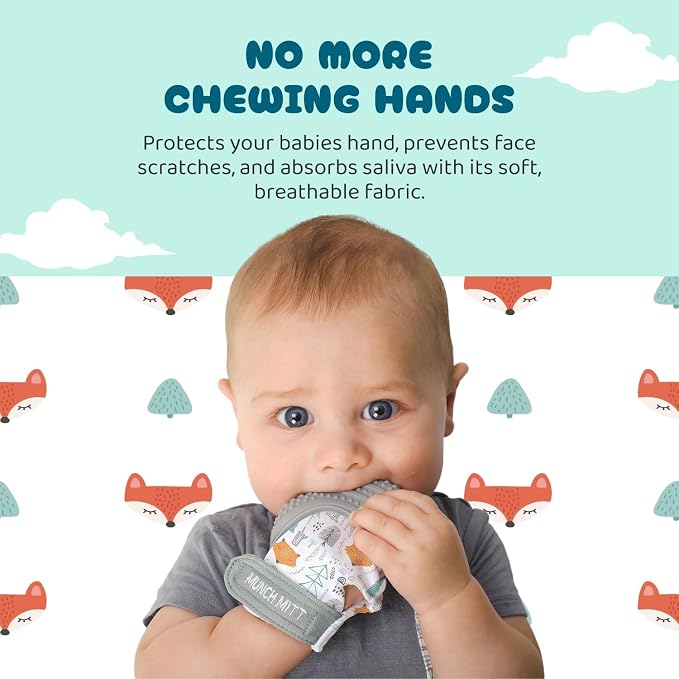 Munch Mitt Patented Teething Mitten Baby Chew Toy - Protects Hands from Chewing & Saliva, Heals Aching Gums, Promotes Sound & Visual Stimulation for Babies - Grey Fox