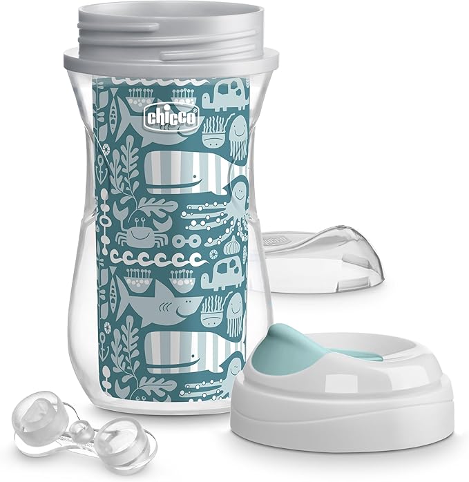 Chicco Insulated Sippy Cup 12+ Months, 9oz Toddler Training Cup with Bite-Resistant No-Spill Rim Spout, Double-Wall, BPA-Free, 2-Pack, Ocean Print/Surf