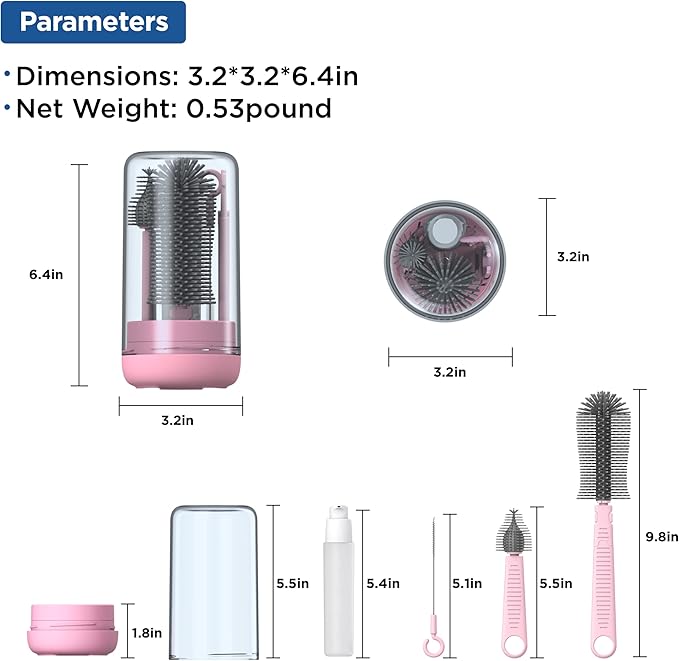 YOTIME Baby Bottle Brush, Travel Bottle Cleaner Kit with Extendable Silicone Bottle Brush, Nipple Cleaner Brush, Straw Brush, Soap Dispenser, Dust Cap and Stand, Pink