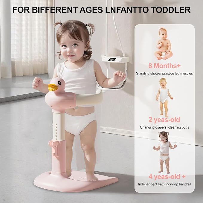 Baby Shower Stand, Foldable Baby Duck Frug Bath Stand Adjustable Infant Bath Support Toddler Shower Stands with Anti-Slip Base Drainage Holes Showers Head Holder for Infants 8-24 Months Gift Yellow C