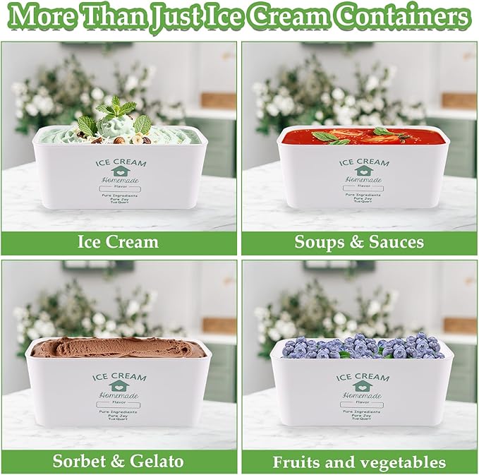 cyrico Ice Cream Containers for Homemade 2 Pack 2 Quart Each, Reusable Ice Cream Containers with Silicone Lids Sorbet Frozen Yogurt Storage Set BPA Free Stackable Leakproof Dishwasher Freezer Safe
