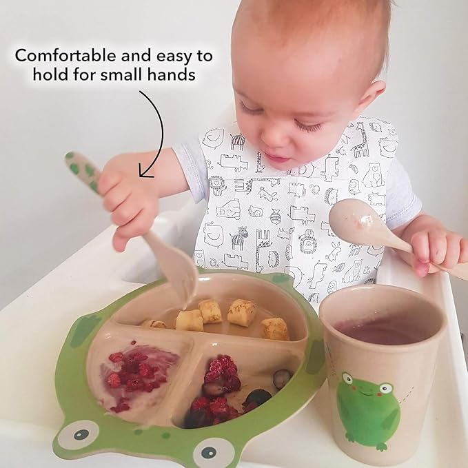 Nuby Eco-Friendly Natural Rice Husk Spoon and Fork Set- 2 Piece Set, Frog Print, 6+ Months- Fully Compostable and Biodegrable