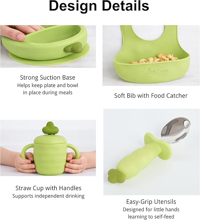 Silicone Baby Feeding Gift Set ??Suction Plate, Bowl, Training Cup, Fork, Spoon & Bib (6-Piece) (Green)