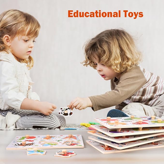 Wooden Peg Puzzles for Toddlers 3 4 5 Years Old, 6 PCS Toddler Puzzles (Vegetables, Numbers, Fruits, Insects, Sea and Animals), Great Preschool Learning Puzzle Toys for Girls and Boys