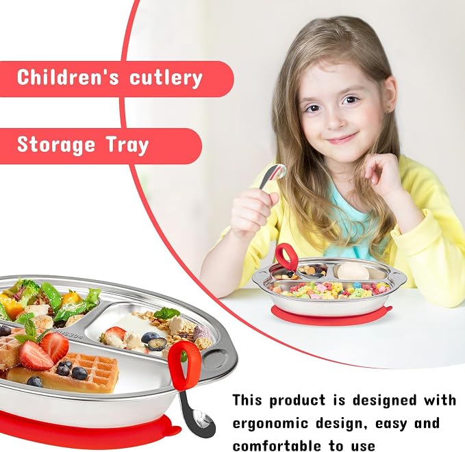 Mrs. Chou® Stainless Steel Baby Suction Plates: Divided Plates for Babies & Toddlers, BPA-Free, Dishwasher Safe, Red