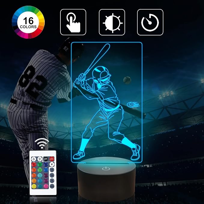 Attivolife Baseball Light for Kids, 3D Illusion Optical Night Lamp, 16 Colors Changing with Remote Control Dimming, Best Boys Room Decor as Birthdays Xmas Gifts for Adults Men Teen