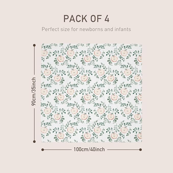 Gllquen Baby Muslin Swaddle Blankets 4-Pack Breathable Receiving Blankets (35" x 40") Soft Baby Blankets for Girls and Boys Newborn Essentials Muslin Burp Cloths Swaddle Wrap Baby Gift(Apple Paradise)
