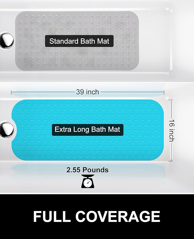 OTHWAY No Suction Cup Bath Mat: 39x16 inch Extra Long Bathmat?‚Perfect for Refinished or Ordinary Bath Tubs?‚Made of Nature Rubber?‚a Blessing for The Elderly and Children (Blue)