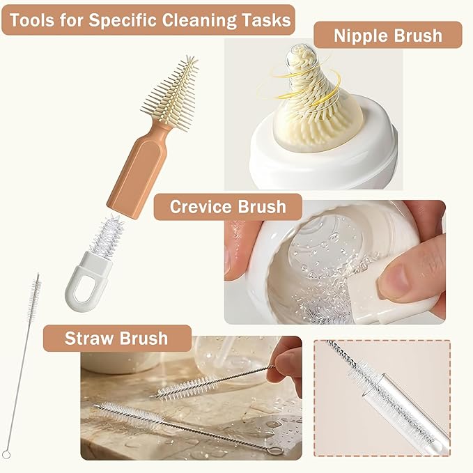 7-in-1 Travel Baby Bottle Brush Set, Silicone Cleaning Kit with Nipple & Straw Brush, Portable Storage Box -Baby Essentials for Home&Travel (Pomelo Orange)