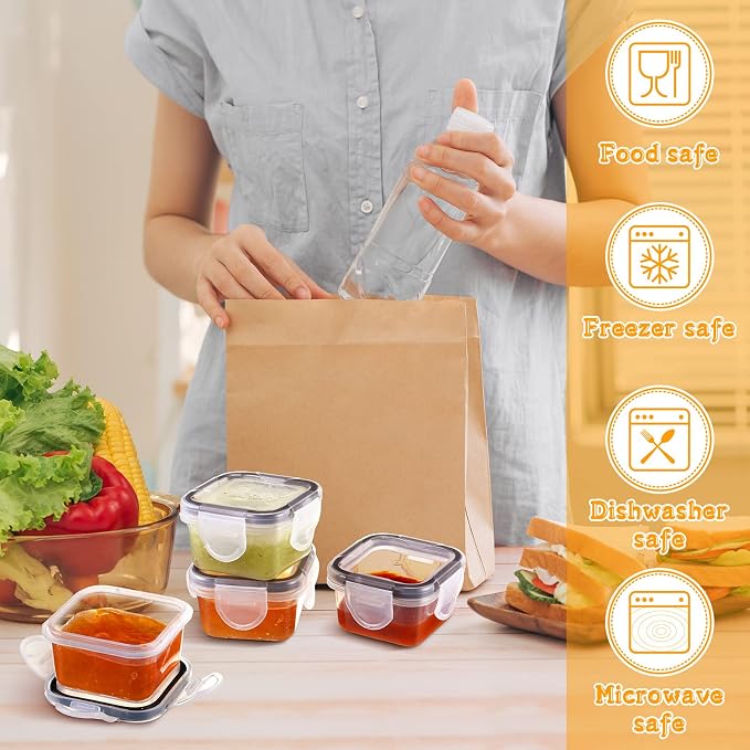 Mimorou 20 Pcs Salad Dressing Containers, 2 oz Reusable Plastic Small Condiment Containers with Lid Leakproof Food Storage for Snack and Puree, Deli, Sauce, Freezer Condiment, Dishwasher Safe(Clear)