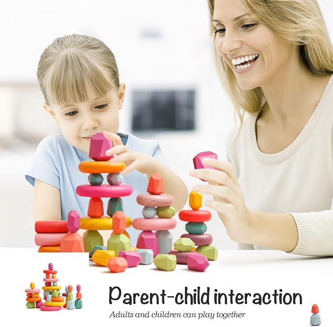 OESSUF Stacking Rocks 26Pcs Stacking Blocks Balancing Stones Wooden Building Toys Wood Stone Stacking Game for Toddler Sorting Preschool Educational Montessori Stacking Rocks for Kids