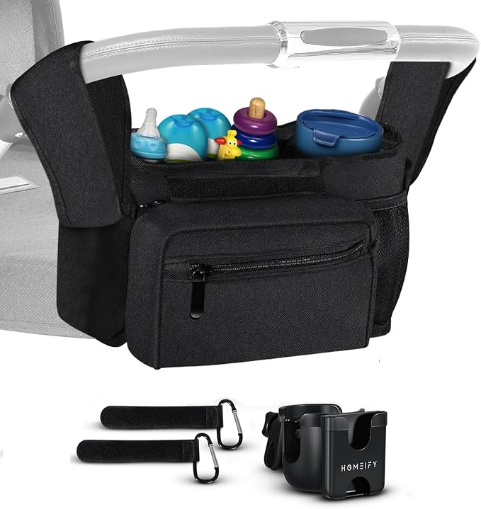 Homeify Baby Stroller Organizer Set - Universal Stroller Bag + Cup Holder/Phone Holder, Universal Accessories for Stroller, Bike, Wheelchair, Walker, Scooter