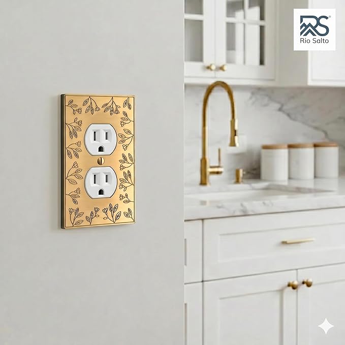Rio Salto Metal Floral Decorative Wall Plate Outlet Cover Light Switch Cover Plate Electrical Outlets Single Duplex 1-gang Flower Wall Plates Brushed Gold, 1-Gang Duplex (1-Pack)