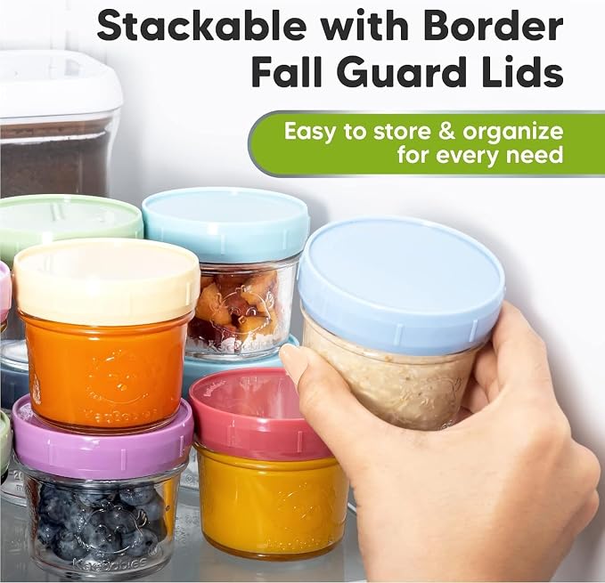 Keababies 4-Pack Silicone Baby Spoons and Forks Set and 12-Pack Baby Food Glass Containers - Baby Spoon Self Feeding, BLW Baby Utensils - 4 oz Leak-Proof, Microwavable, Baby Food Storage Container