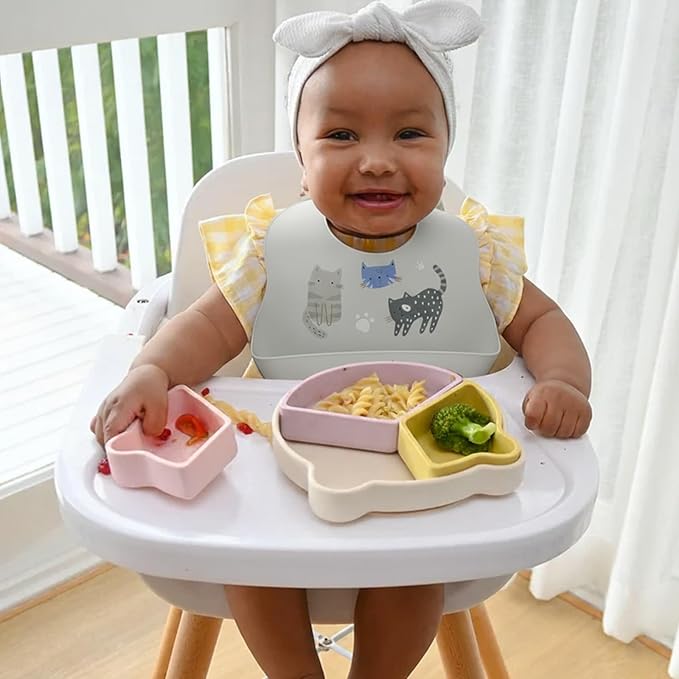 Baby Silicone Bibs 2 Sets Baby Bibs with Food Catcher for Girls Boys Toddlers BPA Free Waterproof Soft Durable