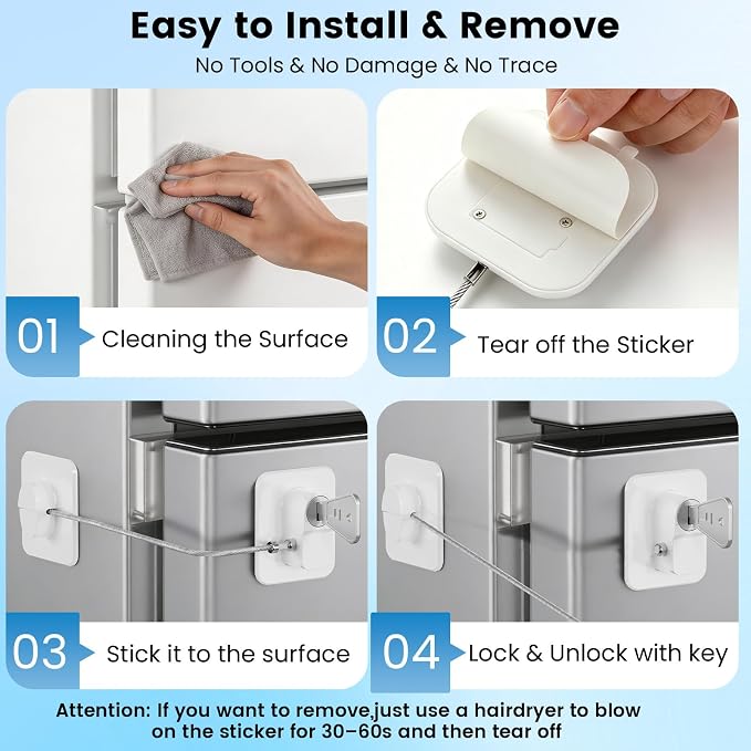4 Pack Mini Fridge Lock, Child Proof Cabinet Lock with 4 Keys, Upgraded Refrigerator Locks Baby Proofing for Freezer, Cabinets, Drawers, Air Fryer, Closets, Windows and Doors, NO DRILLING