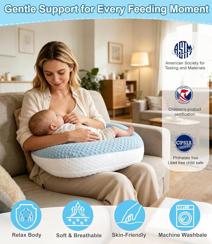 Multifunctional Nursing Pillow, Wider Breastfeeding Pillow with Minky Dot & Breathable Mesh, Anti-Slip Base for Tummy Time & Baby Sitting Support, Removable Soft Cover, Large Opening for Most Body