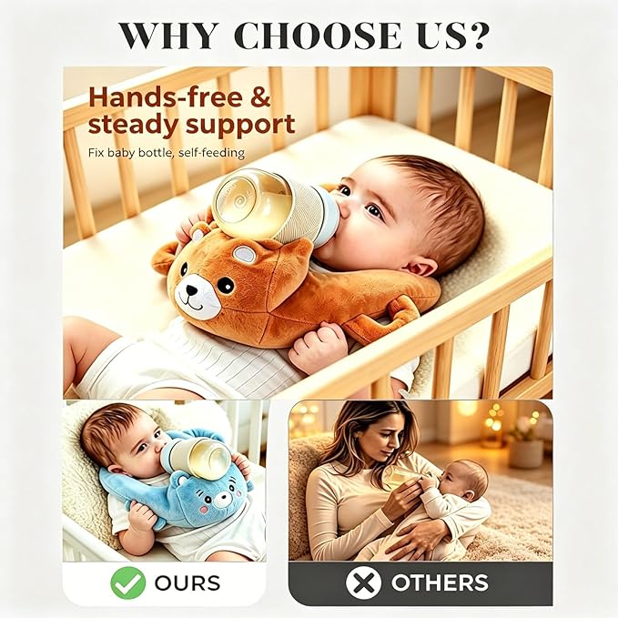 Bottle Holder Pillow Plush, Feeding Nursing Assistant Hands Free, Ergonomic Bottle Support Cushion, Soft Animal Cover Protector, Machine Washable (Beige)
