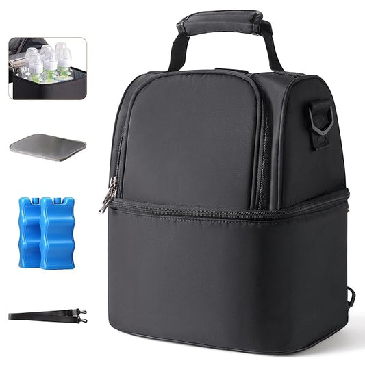NCVI Breastmilk Cooler Bag with 2 Ice Pack, Breast Pump Bag with Cooler Fits 6 Bottles, Double Layer Breast Milk Travel Bag Baby Bottle, for Travel, Nursing Mom Daycare, Work, Picnic (Black)