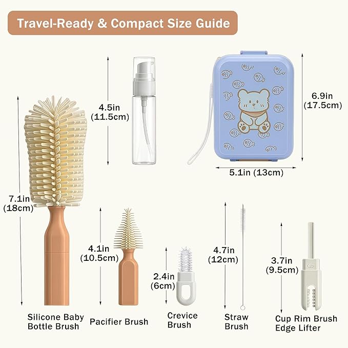 7-in-1 Travel Baby Bottle Brush Set, Silicone Cleaning Kit with Nipple & Straw Brush, Portable Storage Box -Baby Essentials for Home&Travel (Pomelo Orange)