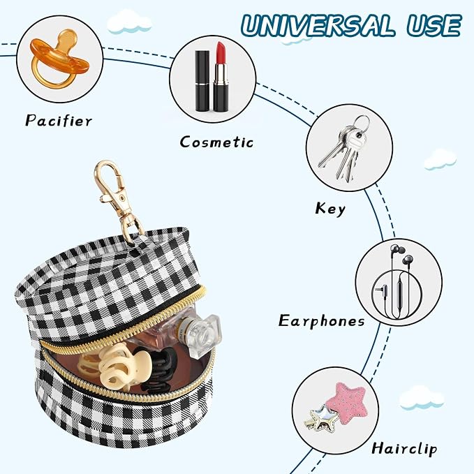 Black White Buffalo Plaid Print Pacifier Holder Case with Clip Portable Pacifier Storage Bag for Girls Boys