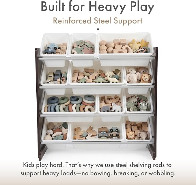 Humble Crew Kids Toy Storage Organizer with 12 Plastic Bins, Espresso/White ??Removable Bins for Playroom, Bedroom, Toddler Furniture for Boys and Girls Ages