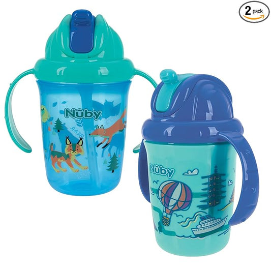 Nuby No-Spill Trainer Soft Straw Two Handle Cup | Flip-n Sip | 2 Pack: Blue Animals & Cars, Aqua Travel & Pink Animals or Ocean | 8oz/ 240 ml | 12+ Months