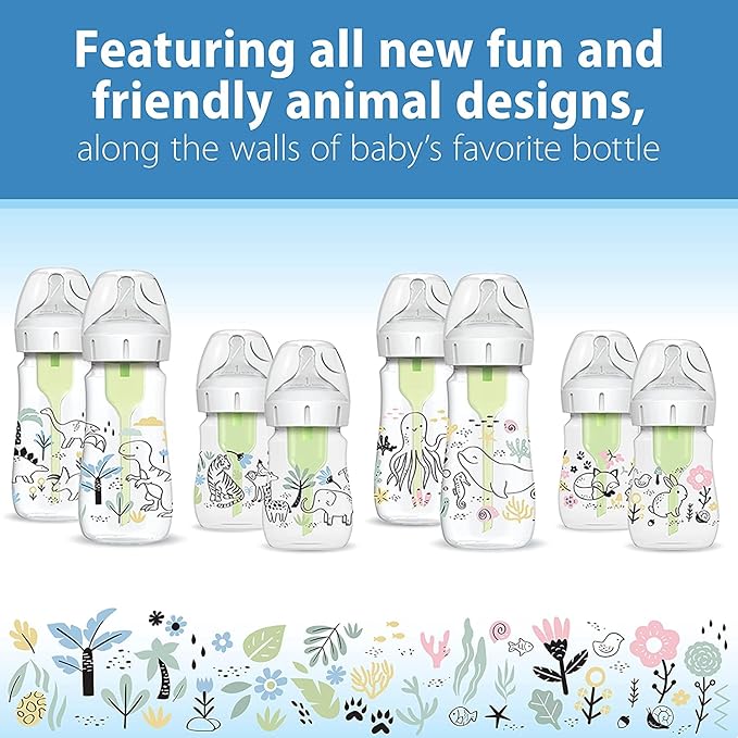 Dr. Brown's Anti-Colic Options + Wide-Neck Baby Bottle Designer Edition, Jungle, 5 oz/150 mL + Dino, 9oz/270mL, with Level 1 Slow Flow Nipple, BPA-Free, 0m+, 4-Pack