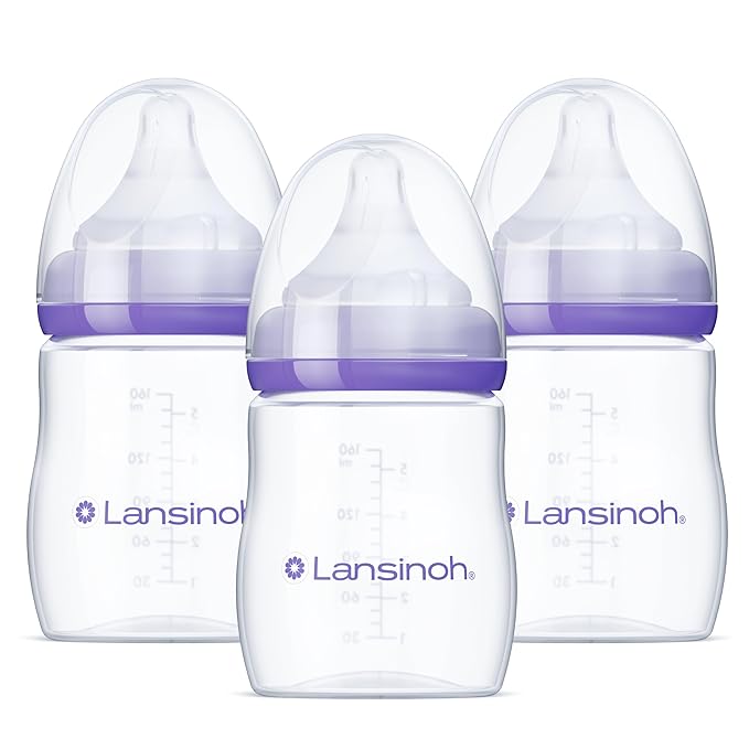 Lansinoh Anti-Colic Baby Bottles, BPA-Free Plastic, 5 Ounces, 3 Count, Slow Flow Nipples (Size S), Breastfeeding Bottle with NaturalWave Design, Baby Essentials