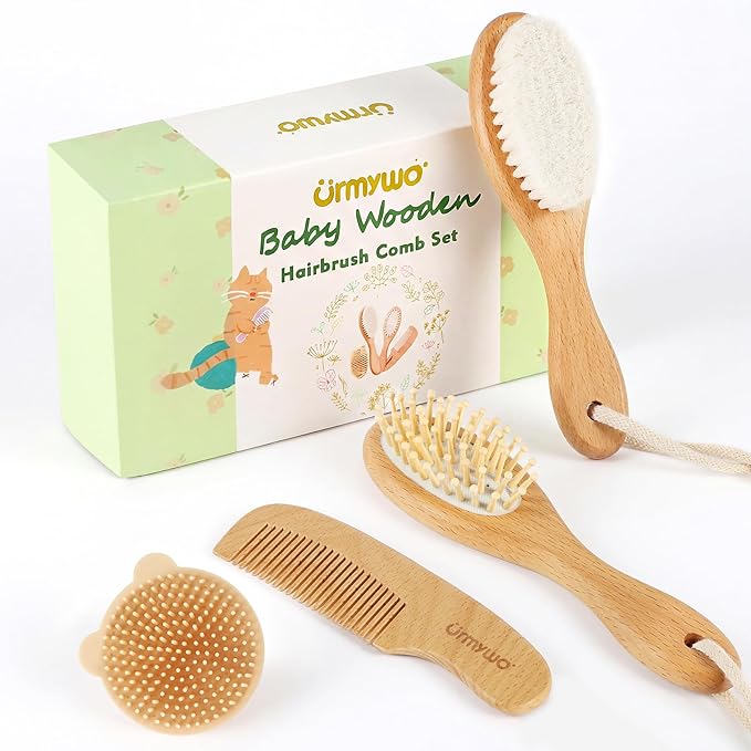 Baby Brush and Comb Set - 4 Piece Wooden Soft Bristle Hairbrush for Newborns, Baby Brush for Cradle Cap - Essentials Care Kit - Baby Shower Gift for Boys & Girls