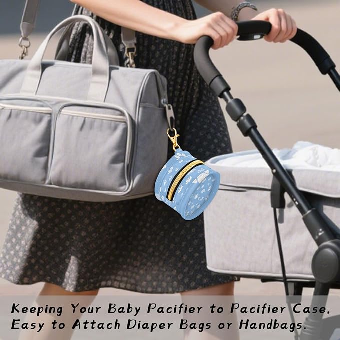 Pacifier Holder with Clip Pacifier Case for Diaper Bag Round Baby Pacifier Pouch Box Bag Portable Bright Blue Paw Prints Clouds