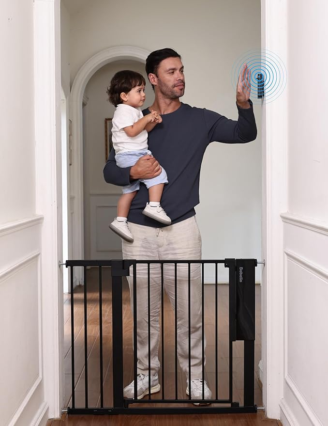 Babelio Smart Baby Gate with Auto-Unlock/Close, Pressure Mounted No Drill for Doorways/Top of Stairs. Pet/Dog Door Wide Walk Thru w/Infrared Sensor & Safety Alert (Black, 30.3-47.2" W, 30" H)