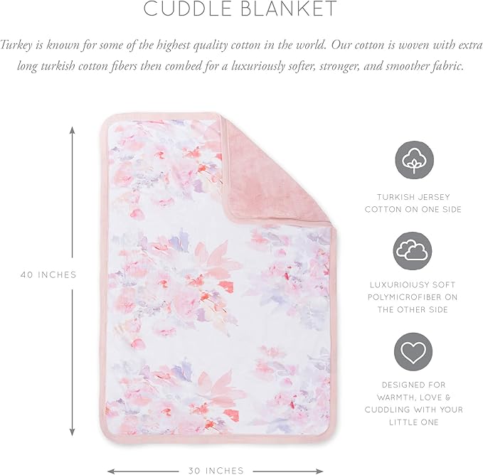 Oilo Baby Blanket, Luxury Soft Plush Chenille Backing & Organic Cotton Jersey Print, Double Layered, 30" x 40", Rolled Jersey Edge Trim, Machine Wash, Perfect for Infant or Toddlers, Prim Floral