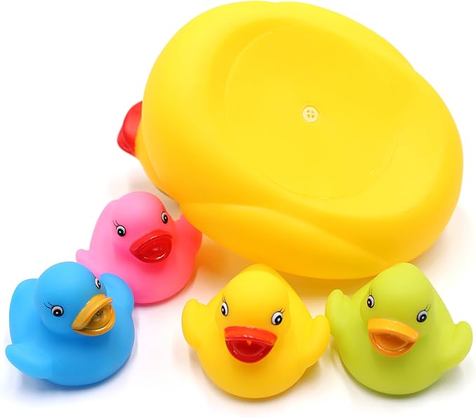 Floating Rubber Duckies Bath Play 5 Pieces Set - Includes 1 Jumbo Mama Ducky and 4 Baby Ducks - Fun Water Tub Playing Kits(4 Colors)