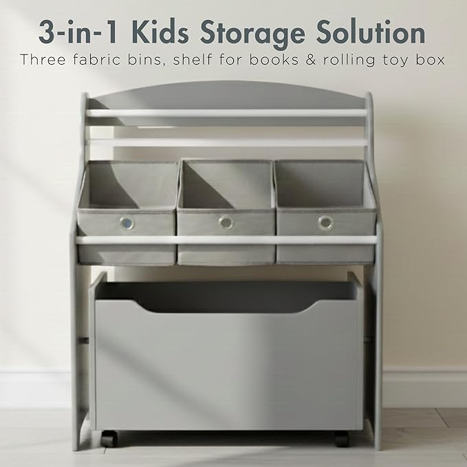 Humble Crew 3-in-1 Kids Bookshelf and Toy Storage Organizer, Grey - Toddler Organizers with Rolling Toy Box and 3 Fabric Bins ??Sturdy Baby Book Shelf, Perfect for Nursery and Playroom
