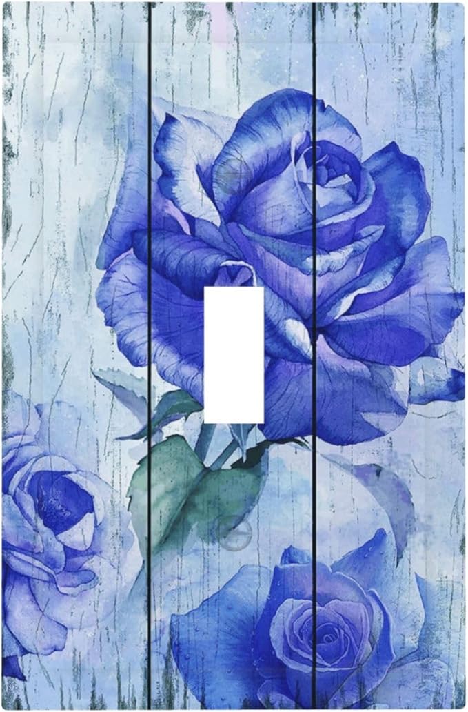 Blue Rose Flower Rustic Wood Plank Floral Decorative Light Switch Cover 1 Gang Single Toggle Device Electrical Faceplate Switchplates Decorator Outlet Wall Plate for Farmhouse Home Decor