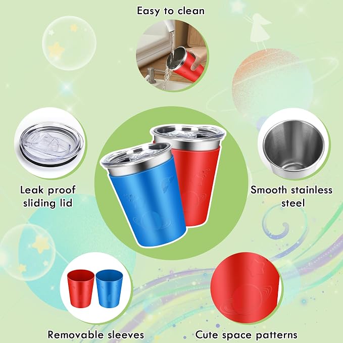 ShineMe Stainless Steel Cups for Kids, 2 pack Kids Cups with Lids and Cute Space Character Sleeves, 12oz No Spill Cups for Toddlers Reusable & Unbreakable