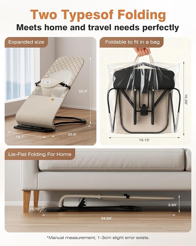 Baby Bouncer, Bouncer Seat for Babies 0-12 Months, Ergonomic Rocking Chair with Detachable Hanging Bar, 3-Height Adjustments, Foldable & Portable Infant Rocker, Machine Washable Fabric, Beige