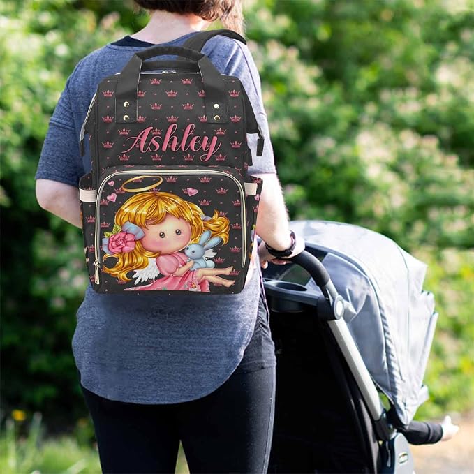 M YESCUSTOM Customized Travel Nursing Nappy Bag Pink Crown Print Shoulder Bag Waterproof Casual Daypack Travel Backpack for Mom (Black)