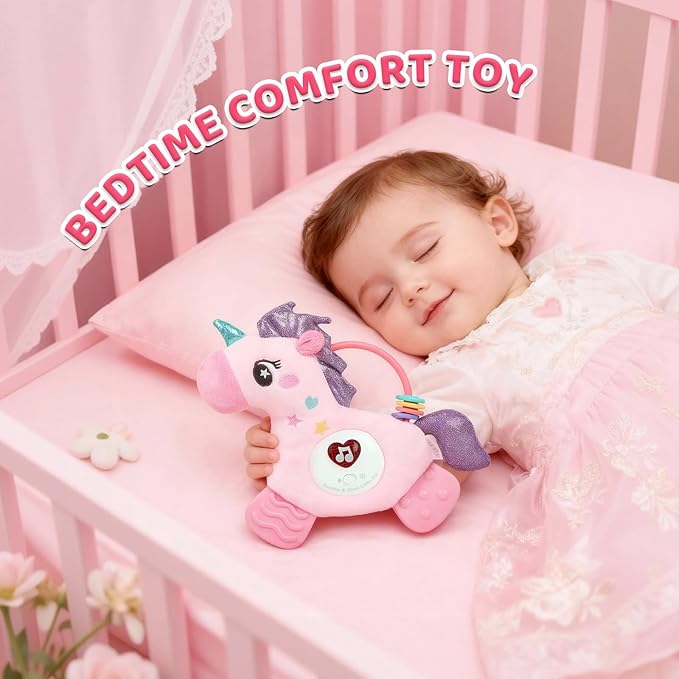 Baby Musical Activity Soft Toys with Sound & Light, Sensory Toys for Infant Developmental with Teether, Rattle and Textures, Soft Plush Toy for Newborn Gift 6 to 12 Months (Pink Unicorn)