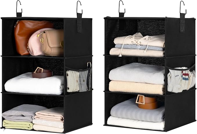 StorageWorks Hanging Closet Organizer 6-Shelf, Jumbo Separable Two 3 Shelf Closet Storage Organizer with Side Pockets, Portable Hanging Shelves for Wardrobe, RVs, 13" D x 15" W x 48 ¼"H, Black