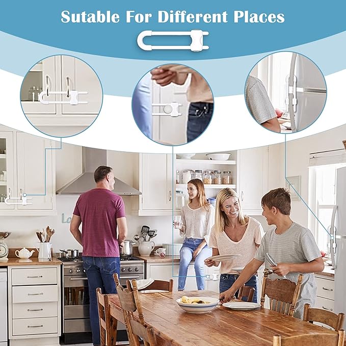 12 Packs Baby Proofing Sliding Cabinet Locks modacraft U-Shaped Child Safety Latches Adjustable White Locks for Handles Knobs Drawers Closet Cupboard