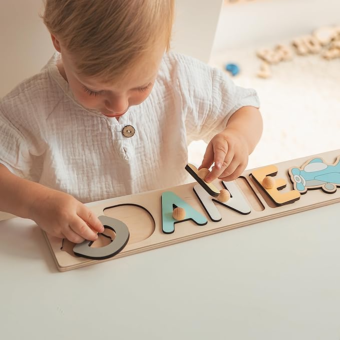 Personalized Name Puzzle Montessori Toys Nursery Decor Customized Puzzle Educational Toy for a 1 Year Old Gifts Kids Name Sign for Nursery Easter Present for Baby (Pastel Boy)