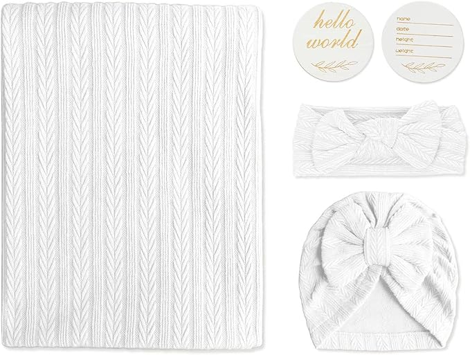 Muslin Blanket,Baby Swaddle Set Newborn - Receiving Headband Blankets and Bow Hat,Newborn Essentials, Soft Nursery Swaddling Blankets，Stretchy Baby Blankets for Girls and Boys Unisex(White)