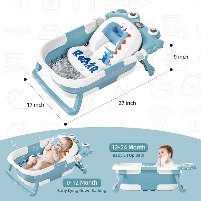 Collapsible Baby Bathtub for Newborns to Toddler with Real-time Temp Monitor & Floating Cushion,Portable Travel Tub for 0-36 Month, Foldable Baby Bath Tub for Infants Boy (Light Blue)