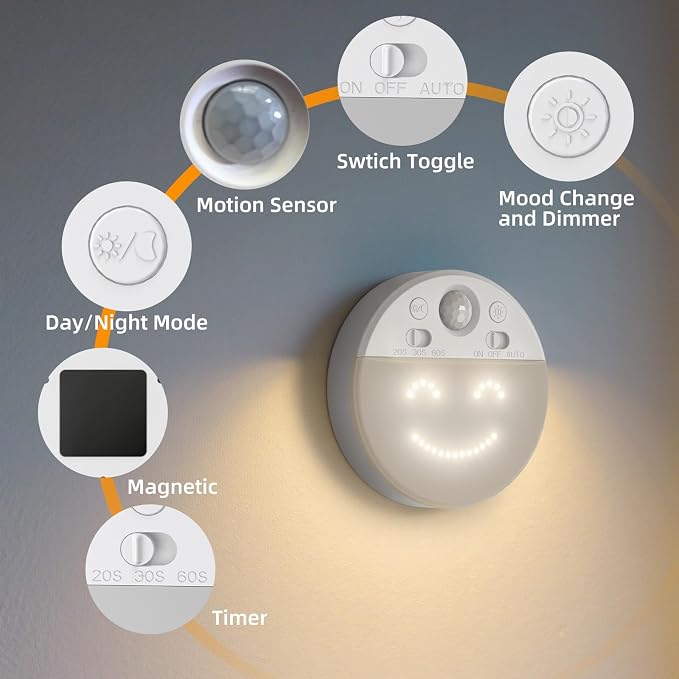 MY BEAUTY LIGHT Motion Sensor LED Night Light with 4 Facial Expressions, 2 Pack 3000K Soft Warm White Dimmable Hallway Light, Rechargeable LED Wall Sconces with Timer, Mood Light for Kids Adults