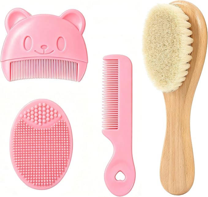 Cradle Cap Brush Baby Hair Brush and Comb Set for Newborns, Baby Bath Brush Soft Wool Hairbrush Silicone Massage Brush