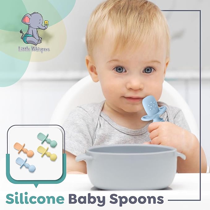 LittleWhispers Baby Silicone Spoons - Self Feeding 6 Months - Infant, Toddler, & Kid Friendly Utensils - First Stage, Baby Led Weaning - 4 Pack Utensil Set (Pastel)